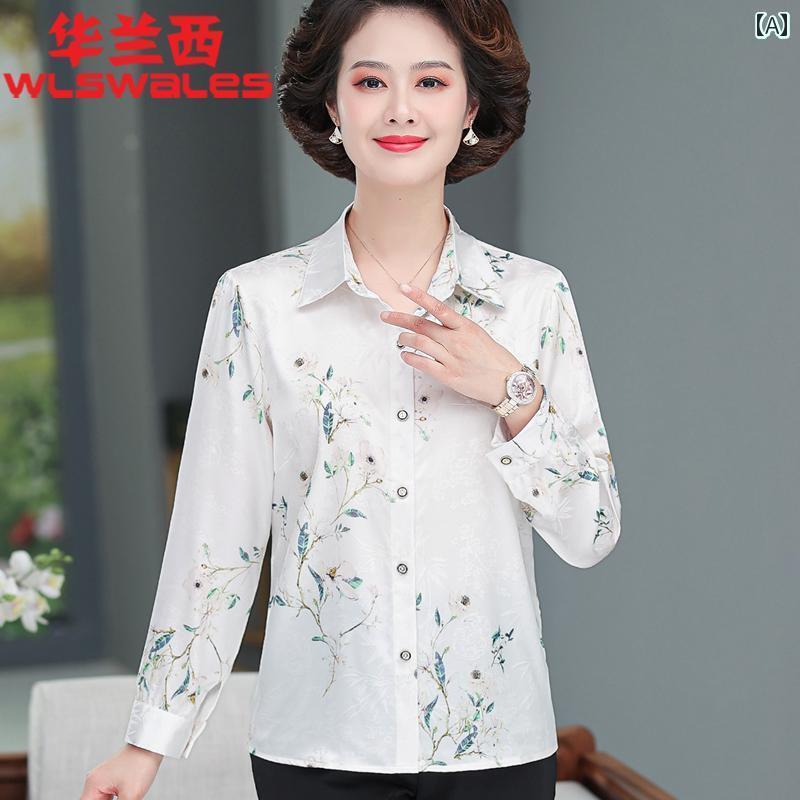 Yシャツ 無地 シンプル 50歳のお母さん シルクサテン ホワイト シャツ 中年 女性 桑 シルク 長袖 Tシャツ 春夏服