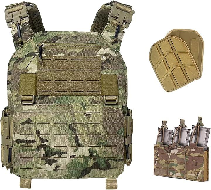 タクティカルベスト サバゲー用 3連 マグポーチ付き 軽量 プレートキャリア レーザー切断 サバイバルベスト MOLLE モール 戦術 クイックリリース バックル( CP迷彩)
