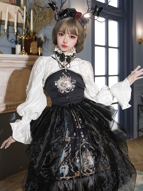 【短納期】甘いロリータブラウスホワイト長袖ネットフリルロリータトップロリータシャツ