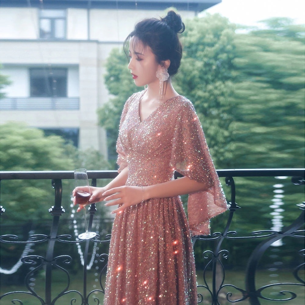 韓国 パーティードレス ホストイブニングドレス女二次会 演奏会 発表会 披露宴 結婚式 司会 ハイエンドエレガントバンケットスパンコールロングドレス