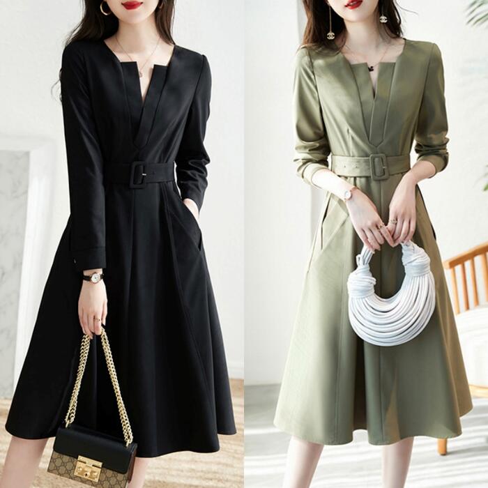 ワンピース 袖あり Vネック キーネック きれいめ カジュアル ひざ丈 長袖 ワンピ ドレス フェミニン レディース エレガント Aライン ウエストベルト ハイウエスト 大人 可愛い グリーン 緑 ブ