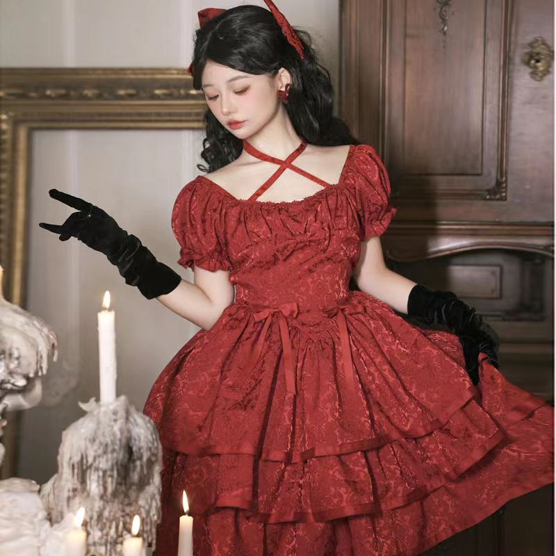 イバラ薔薇オリジナルロリータスカート正規半袖op三段式ポンポンスカート赤ロリータ洋装ロリータスカート