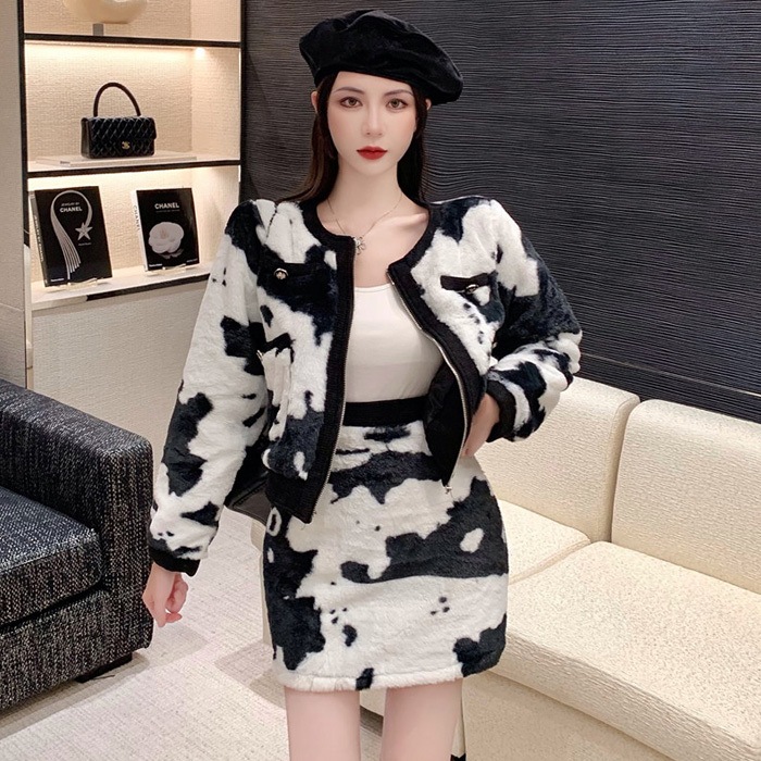 【セットアップ】カウ柄 ジャケット+ハイウエストスカート ツーピース ラウンドネック スリム ミニスカート レディース a3809