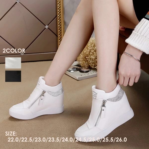 【激安開催！】レディースシューズ スニーカー 靴 厚底スニーカー 白 スリッポン ファスナー付き ウォーキング カジュアル スニーカー ファスナー付き インヒールスニーカー ハイカット 厚底シューズ