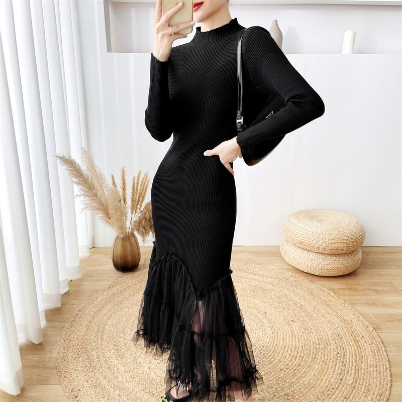 ニットワンピース チュールワンピース 異素材ミックス ドッキング 韓国 レディース オルチャン 黒 ブラック ロング丈 マキシ丈 長袖 ハイネック タートルネック スリム タイト 細身