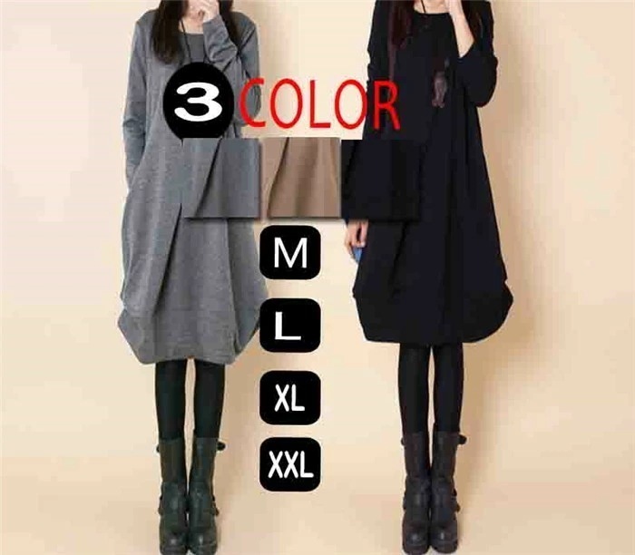 【急速出荷】コクーンシルエット ショート丈ワンピース レディース 長袖 春 冬 大きいサイズ 無地 ナチュラル 体型カバー 秋 春 ワンピース 冬 大人 ふんわり 可愛い シンプルでキレイ見えする