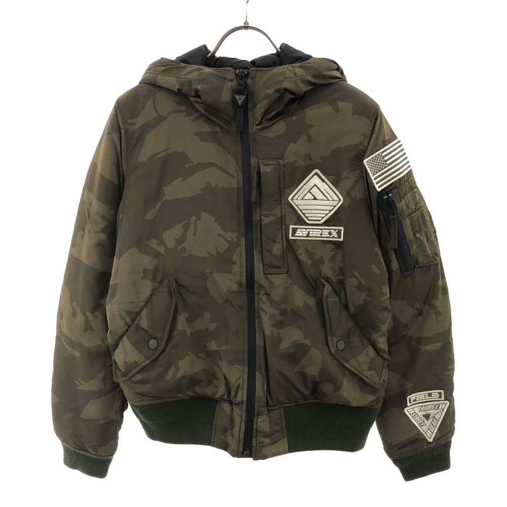 迷彩柄 刺繍 フード付き 中綿ジャケット S カーキ カモフラージュ ブルゾン レディース