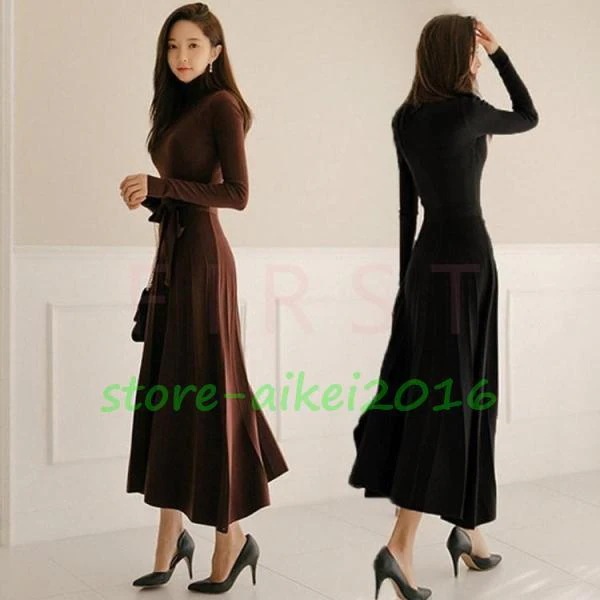 ニットワンピース レディース 秋冬 マキシ丈ワンピース ニットロングスカート 長袖 ハイネックワンピース オシャレニットインナー 結婚式ドレス お出かけ 通勤