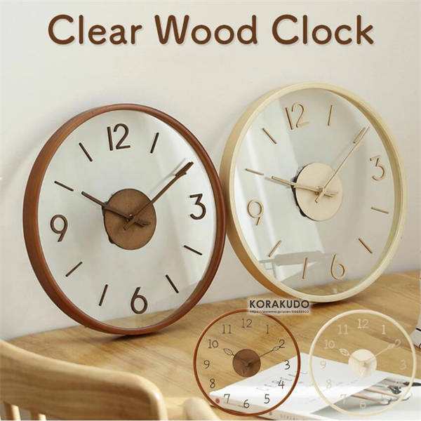 【即納】静音時計 30cm 天然木 掛け時計 ガラス 壁掛け時計 木材 時計 木目 透明 クリア シンプル ナチュラル デザイン時計 シンプル 韓国 雑貨 インテリア 北欧 モダン ギフト 贈り物