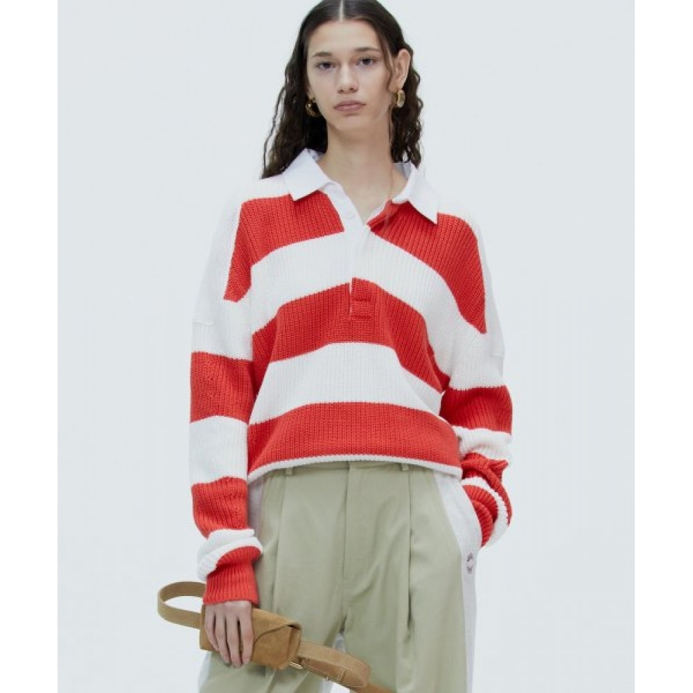 NOHANT ストライプコットンカラーニットストライプレッド