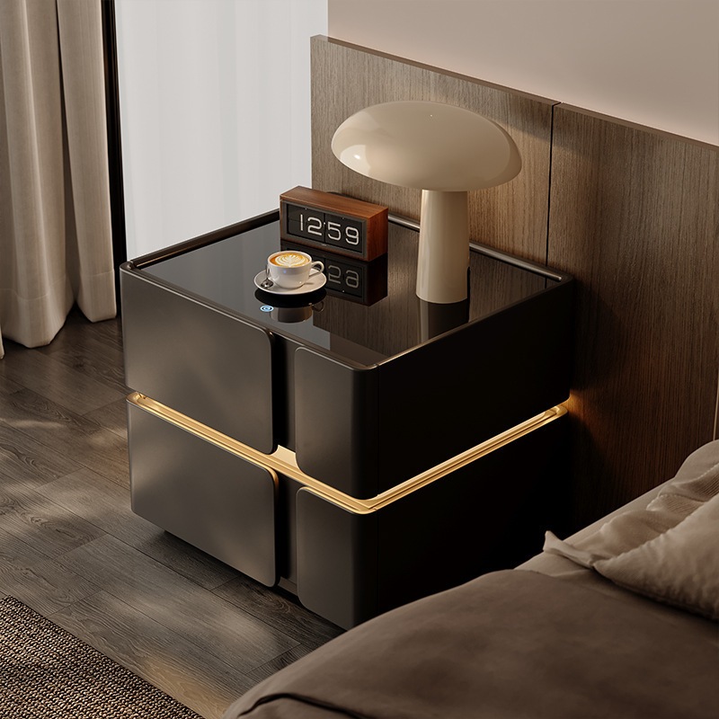 ブラックベッドサイドテーブル2025ホットライトラグジュアリーハイエンドホームベッドルームデザインニッチソリッドウッドライトスマート