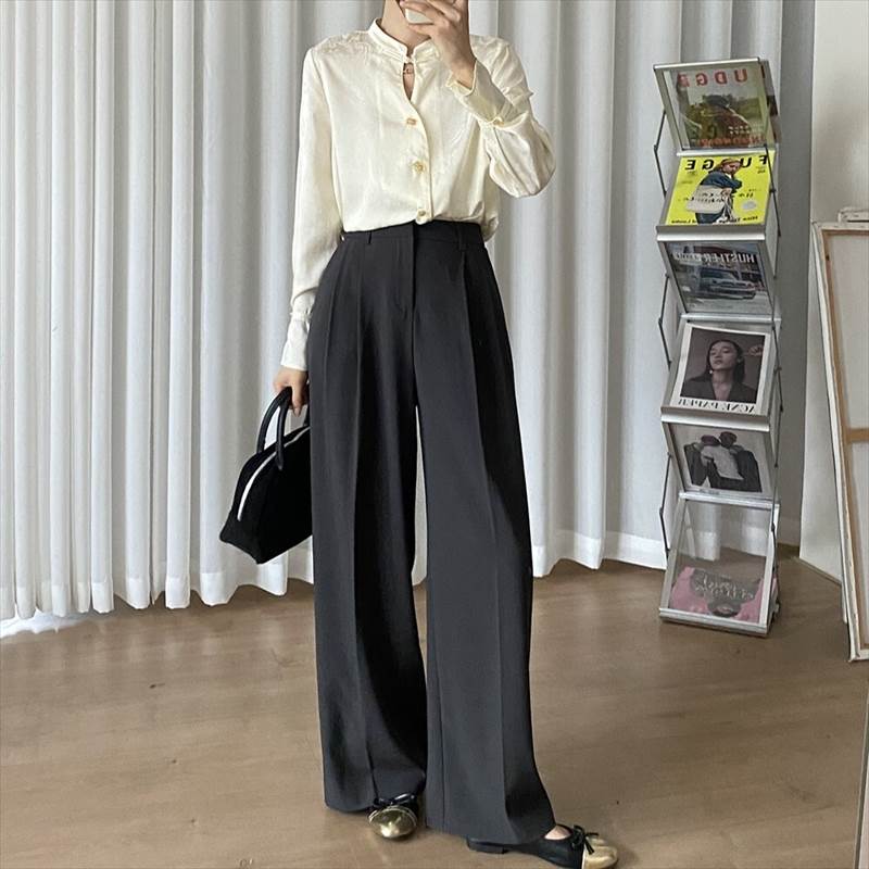 センタープレス 2タック レディース パンツ ボトムス ストレートパンツ ワイドパンツ ロング フルレングス ストレート ファスナー ポケット ハイウエスト 前開き きれいめ シンプル カジュアル 上