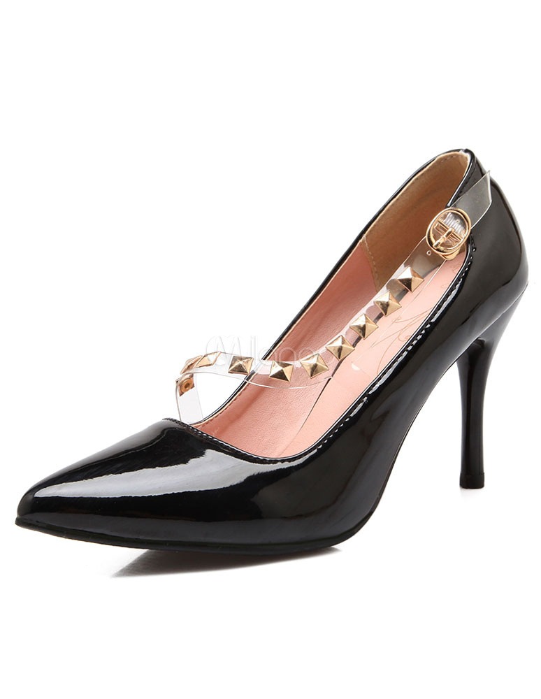 ブラックリベット特許PUポイントトゥヒールパンプス