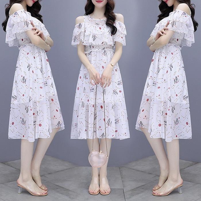 ワンピース レディース 膝丈ワンピース 春夏 半袖 白ワンピース 肩出し シフォンワンピース きれいめ花柄フレアスカート オシャレ結婚式 お出かけ 着痩せ