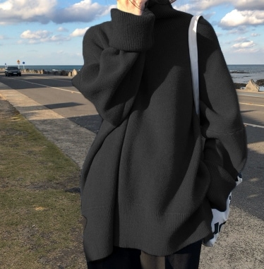 オーバーサイズ ニットソー ゆったり 着痩せ セーター ロング丈 長袖 ボリューム袖 タートルネック ルーズ ストレート ワイド もこもこ リブ リブニット 編み込み 伸縮性 ニット 厚手 かわいい