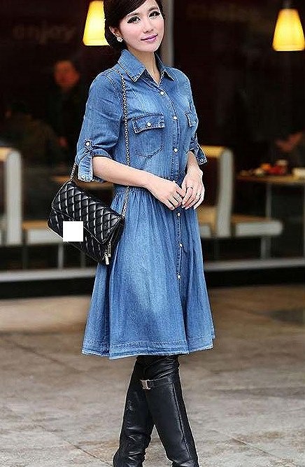 レディース デニム ワンピース 膝丈 シャツワンピ 無地 5分袖 ゆったり ウエストゴム フレア 大人カジュアル ラフスタイル 大きいサイズ シンプル リゾート デイリー お出かけ デート ブルー