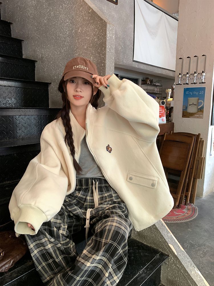 かわいいクマのポーラーフリースジャケットレディース秋冬新スタイルベルベット厚みのあるカレッジスタイルルーズカジュアルカーディガンセーター30%制限