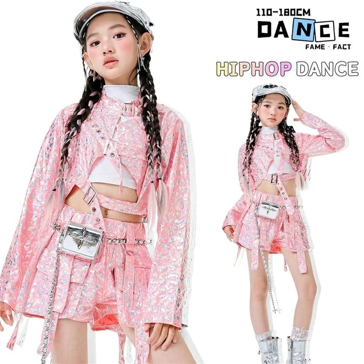 [イベントのための新作]ダンス衣装 キッズ ピンク 女の子 セットアップ トップス 短パン ヒップホップ hiphop ジャズ へそ出し スパンコール おしゃれ かっこいい 可愛い KPOP お洒