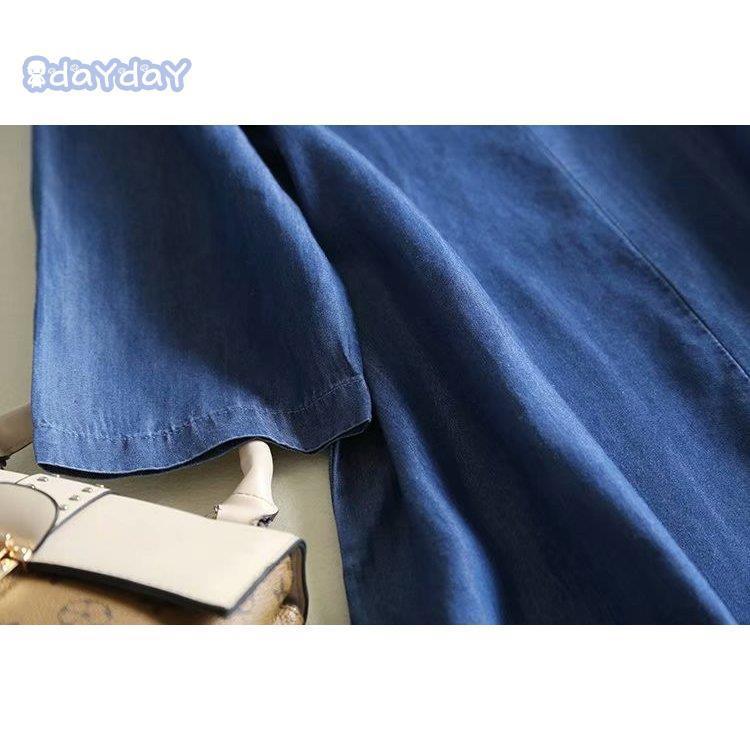 ひざ丈ワンピース デニム マキシ丈 Vネック 7分袖 刺繍 柄デザイン スリット 大きいサイズ 体型カバー オシャレ 夏