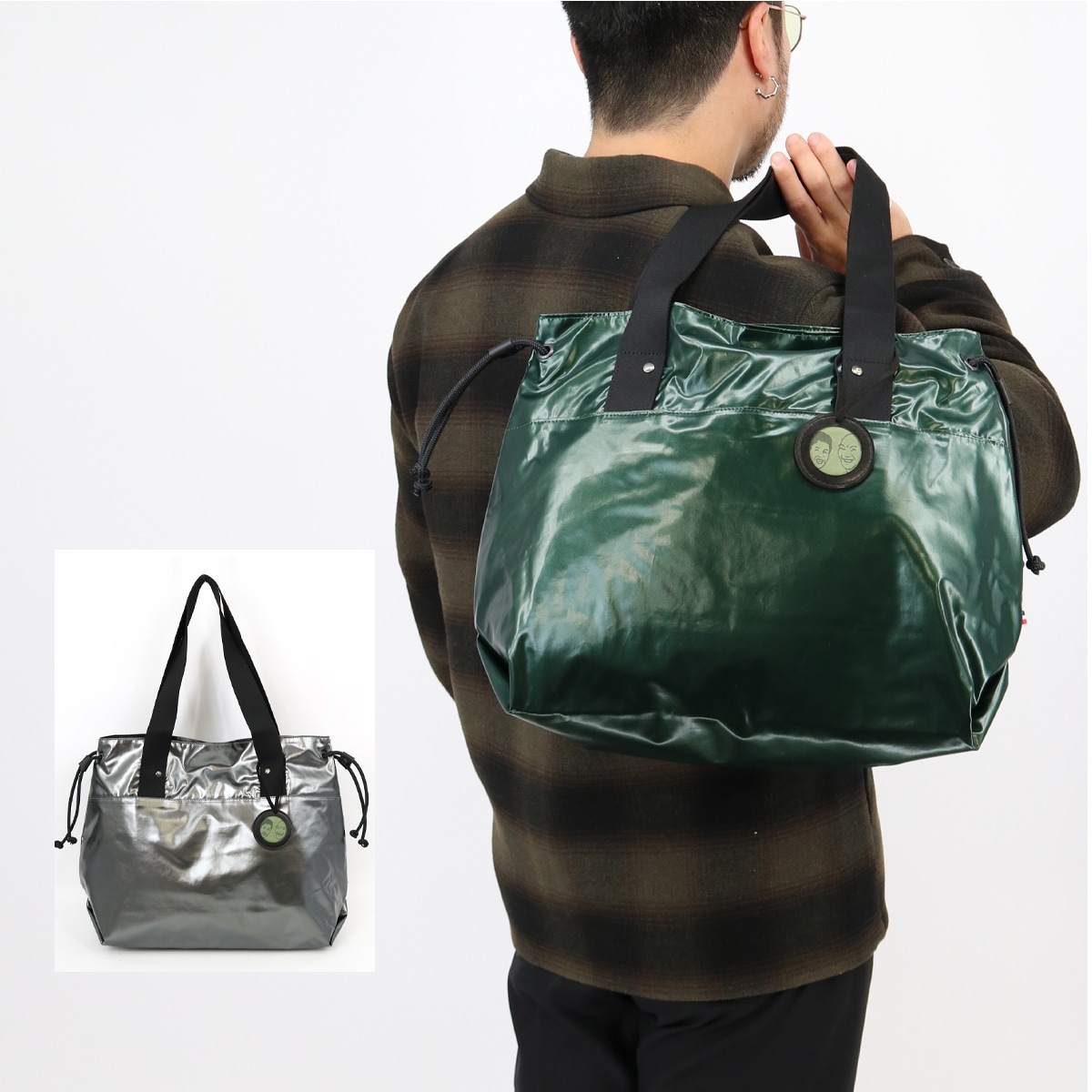 トートバッグLIGHT TRICOLORE MONTOTE ACIER VERDE 1967 ガンメタ グリーン メタリック ショッピングバッグ　旅行 通勤