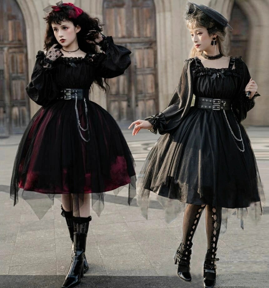 「新品販売」「即納」ゴシック ワンピース チェーンベルト付き ドレス ロリータ服 長袖 ロリータドレス 膝丈 ミモレ丈 暗黒 ワンピース チュール ふんわり Lolita 光沢 フリル ゴスロリ コ 5,658円
