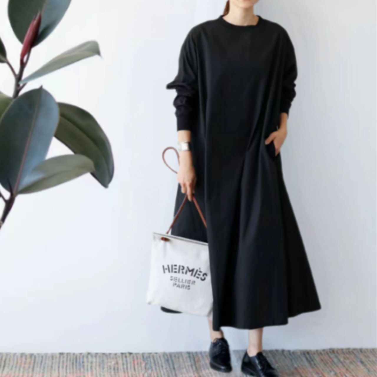 ワンピース レディース ロング 長袖 ラウンドネック Aライン ポケット 大人可愛い シンプル カジュアル おしゃれ ラフ 抜け感 キュート ベーシック ナチュラル リラックス 大人カジュアル 無地