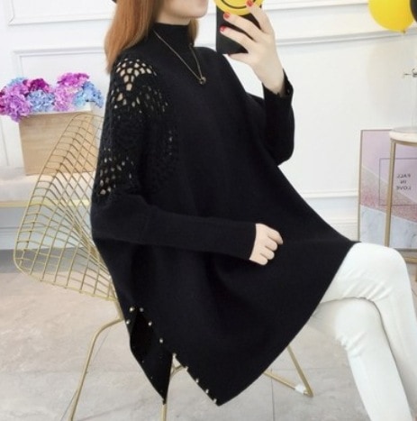 ハイネック長袖ゆったりニット トップス 長袖 ロング丈 ハイネック フリーサイズ ブラック ブラウン グレー レッド 可愛い きれいめ シンプル 上品 おしゃれ かっこいい レトロ アジアン