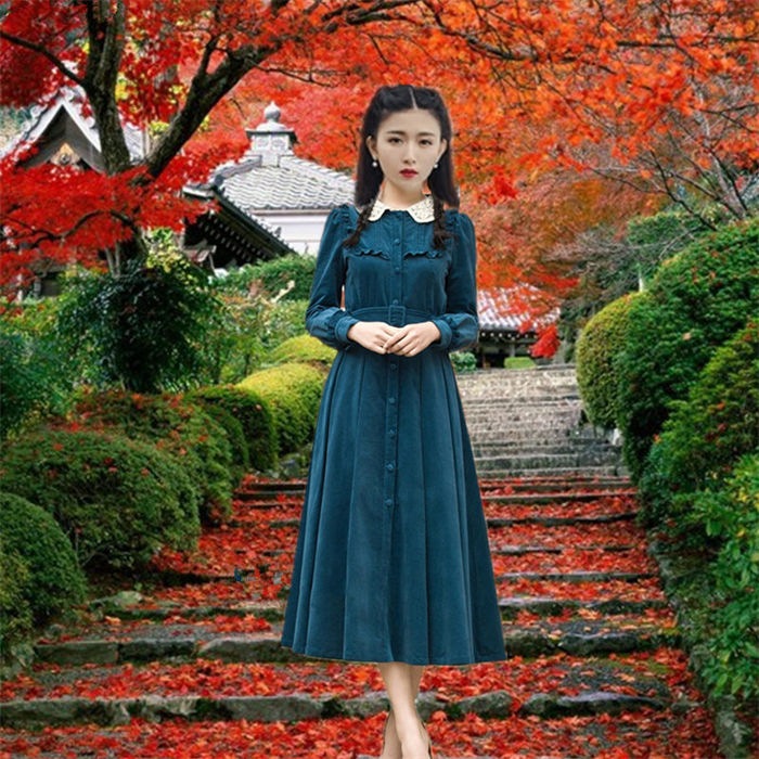 【送料無料】普段着 通勤 大人 通学 JK学生服 女子高生 制服 ミモレ ロングワンピ ロング丈 長袖 学園風 ロリータ