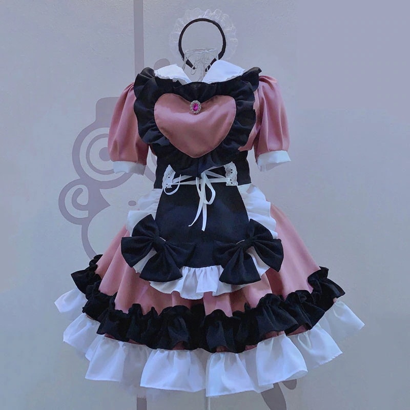 姫風メイド服 ハートエプロン 黒+ピンク 4点セット キュートワンピース