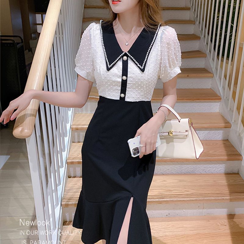 【M-4XL】ブラウスドッキングワンピース 異素材ミックス パールボタン ブラウス シャツワンピース 半袖ワンピース フィッシュテールスカート スリットワンピース. マーメイド レディース 可愛い お