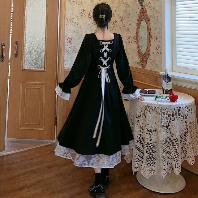 【送料無料】レディース バックリボン フレンチ ロング ワンピース レース Aライン キャンディースリーブ フォーマル お呼ばれ パーティー 大きいサイズ 大人可愛い ママコーデ