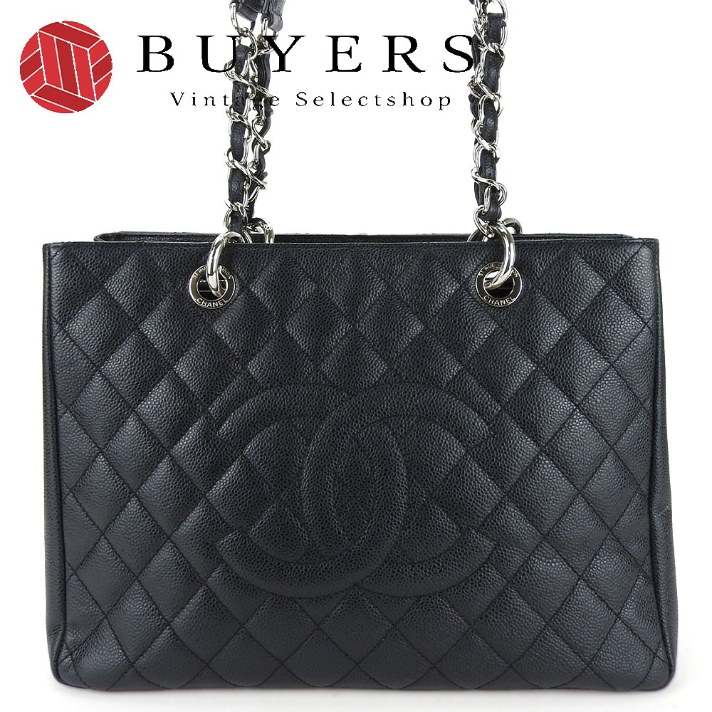 中古 トートバッグ GSTトート キャビアスキン ブラック シルバー金具 チェーン ココマーク 16番台 レディース 女性