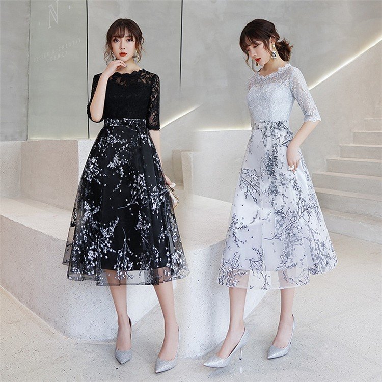 パーティードレス パーティドレス ドレス 結婚式 ワンピース 袖あり ミディアムドレス 膝下 二次会