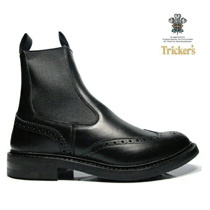 トリッカーズ ヘンリー メンズ サイドゴアブーツ チェルシーブーツ ブラック ボックス カーフ エラスティック ブローグ ブーツ TRICKER S BLACK [2754-black]