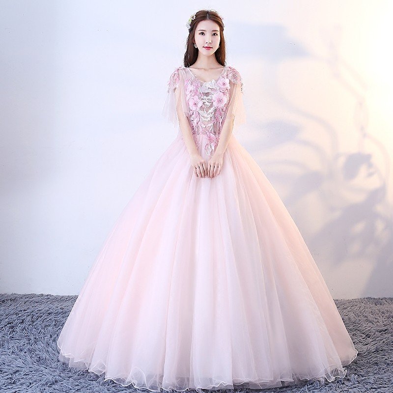 カラードレス 袖あり ウエディングドレス 結婚式 安い ロングドレス 演奏会 プリンセスライン 二次