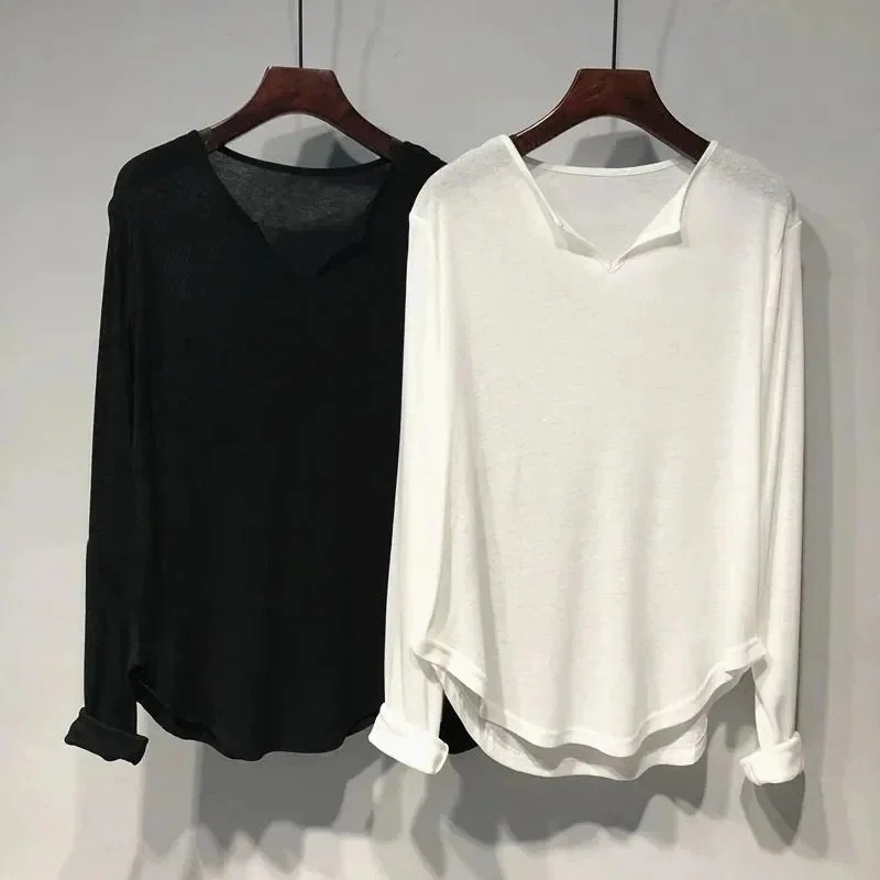 ロンT 無地 Vネック セミロング 長袖 夏 tシャツ 半袖 レディース ゆったり インナー 無地 着やせ トップス UVカット