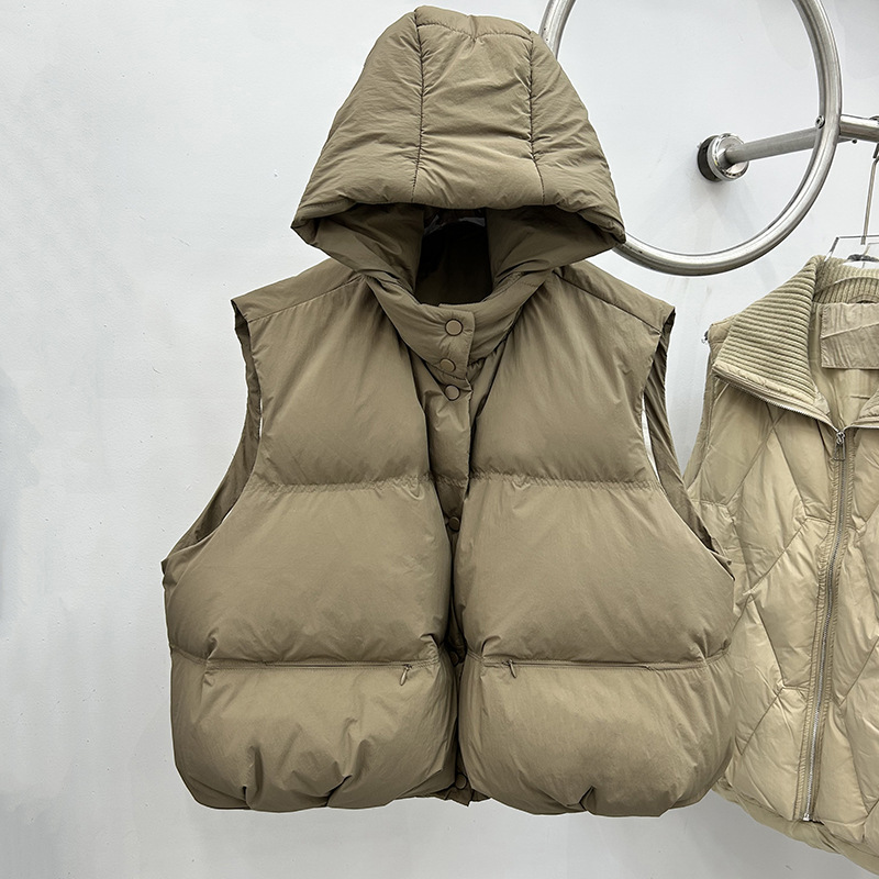 フード付きダウンベストレディースショート2025韓国風ファッショナブルなルーズホワイトダックダウン厚手ベストジャケット