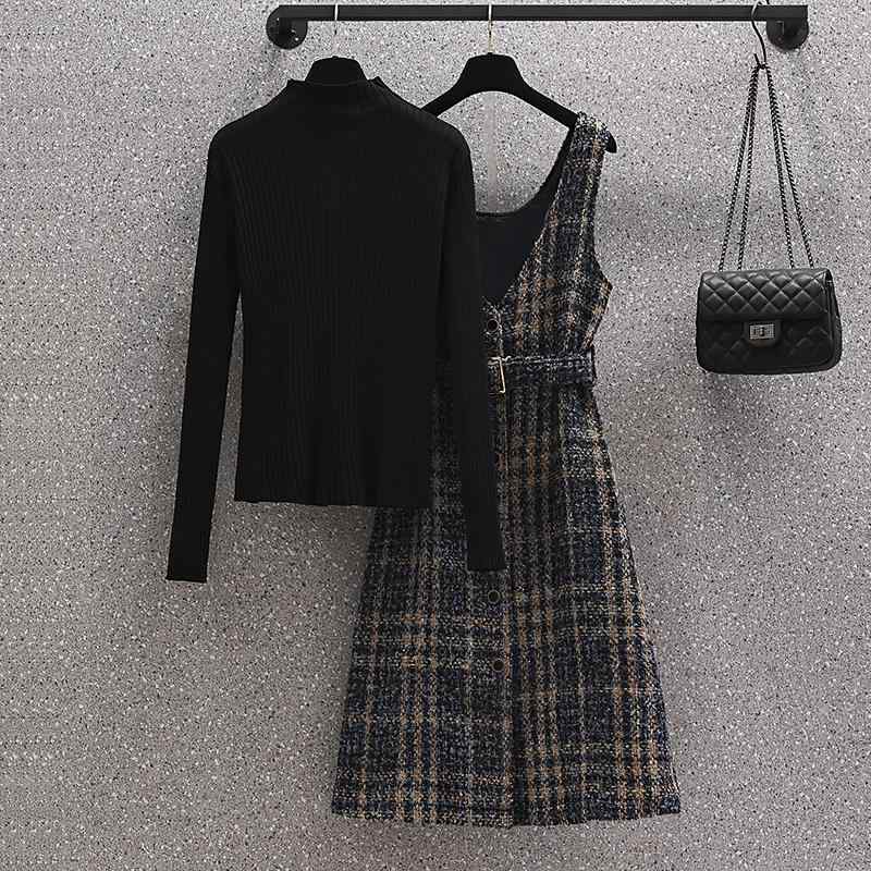 ジャンパースカート 大人 レディース 春秋冬 エレガント おしゃれ ラウンドネック ブラック トップス インナー グレー ブルー チェック Aライン ワンピース