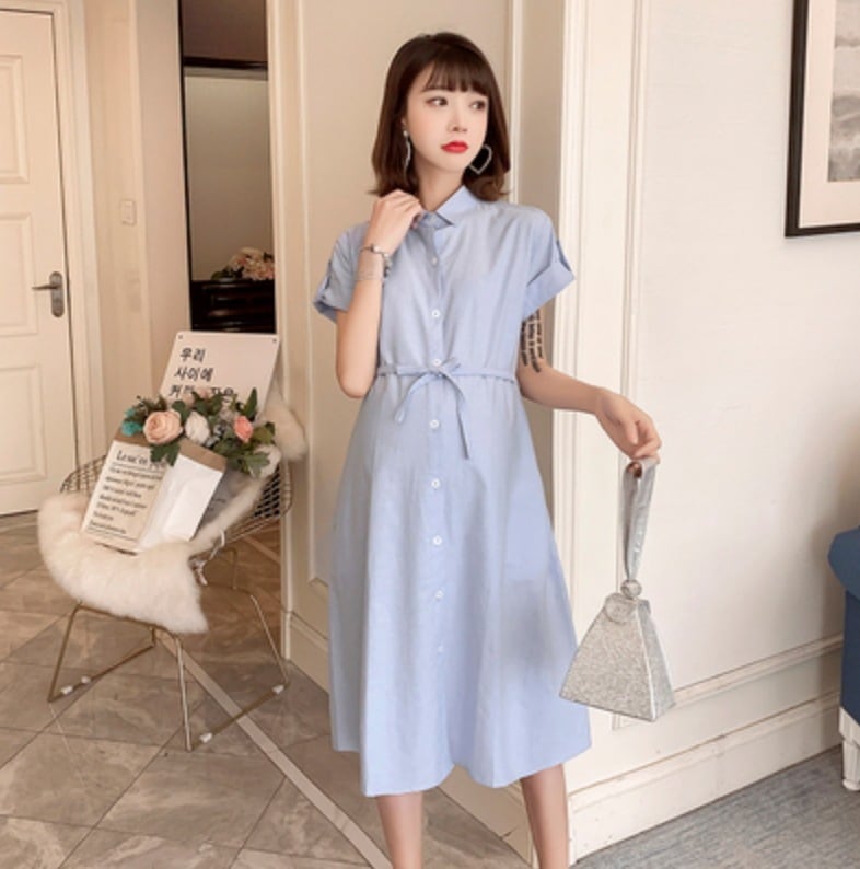 ワンピース 袖あり かわいい 大人可愛い きれいめ シンプル カジュアル 大人 上品 おしゃれ 半袖 シャツワンピ ミモレ丈 襟付き 無地 フレアウエストマーク リボン 春夏 オフィス 休日 韓国