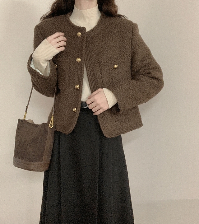 ビバ ノーカラー ブクル 冬 クロップ キルティング ツイードジャケット