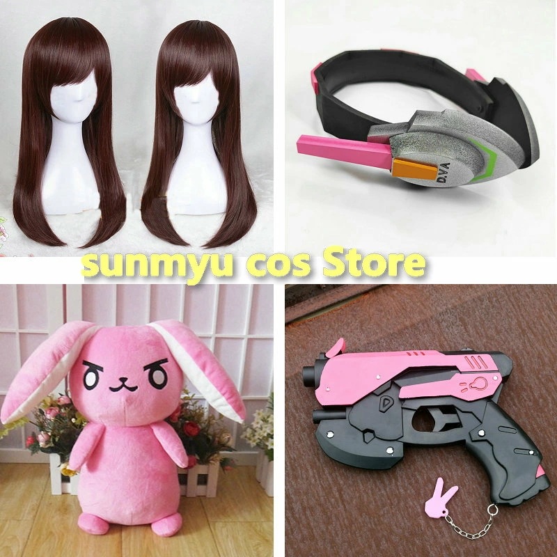 オーバーウォッチ ディーバ D.Va ハナ・ソング ウィッグ＋ヘッドホン＋ウサギドール＋銃道具 コスプレ道具