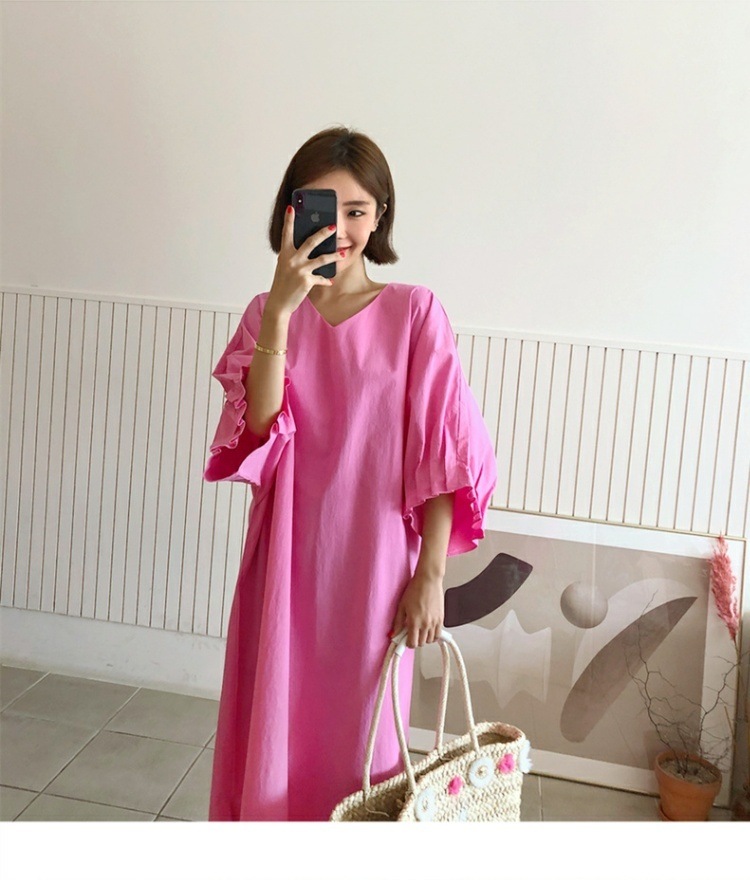 TK0010 ドルマン ワンピース フリル ボリュームスリーブ Vネック オーバーシルエット サイドスリット