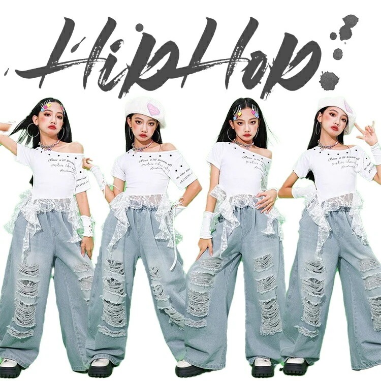 キッズ ダメージ デニム ダンス衣装 女の子 シャツ レース ダンスウェア 肩出し ホワイト へそ出し デニムパンツ パンツ ガールズ 長ズボン 発表会 応援団 ジュニア カッコイイ 普段着
