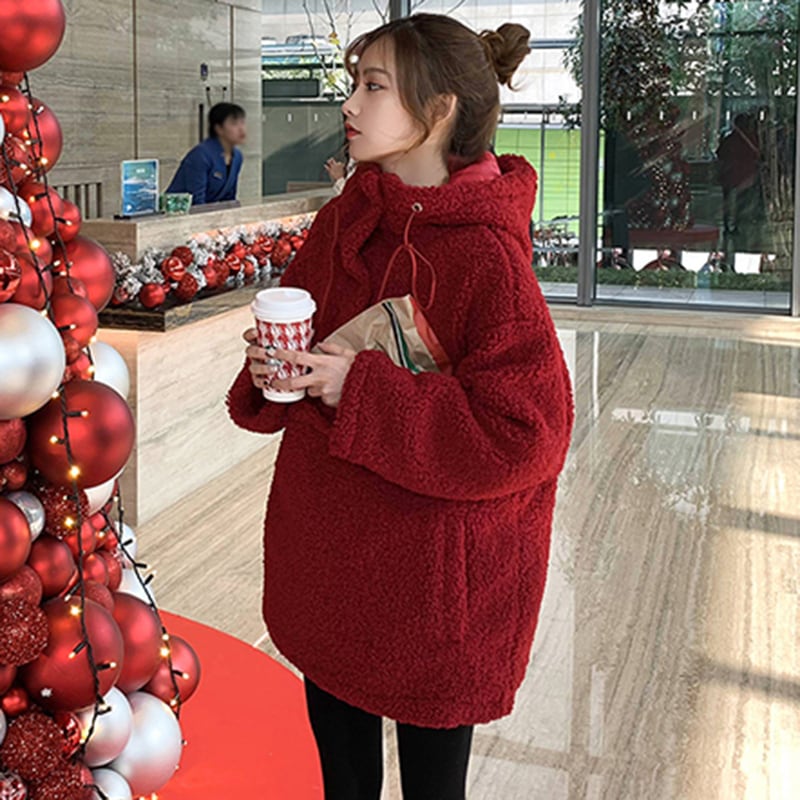 フリースコート アウター フーディー カジュアル レッド 赤 ミディアム丈 袖あり 長袖 フード