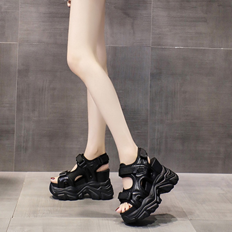 クーポン スポーツサンダルレディース 厚底 スニーカーサンダル オープントゥ マジックテープ 黒 白 歩きやすい 大きいサイズ 通学 通勤 レディース スポーツサンダル ウェッジソール 厚底サンダル