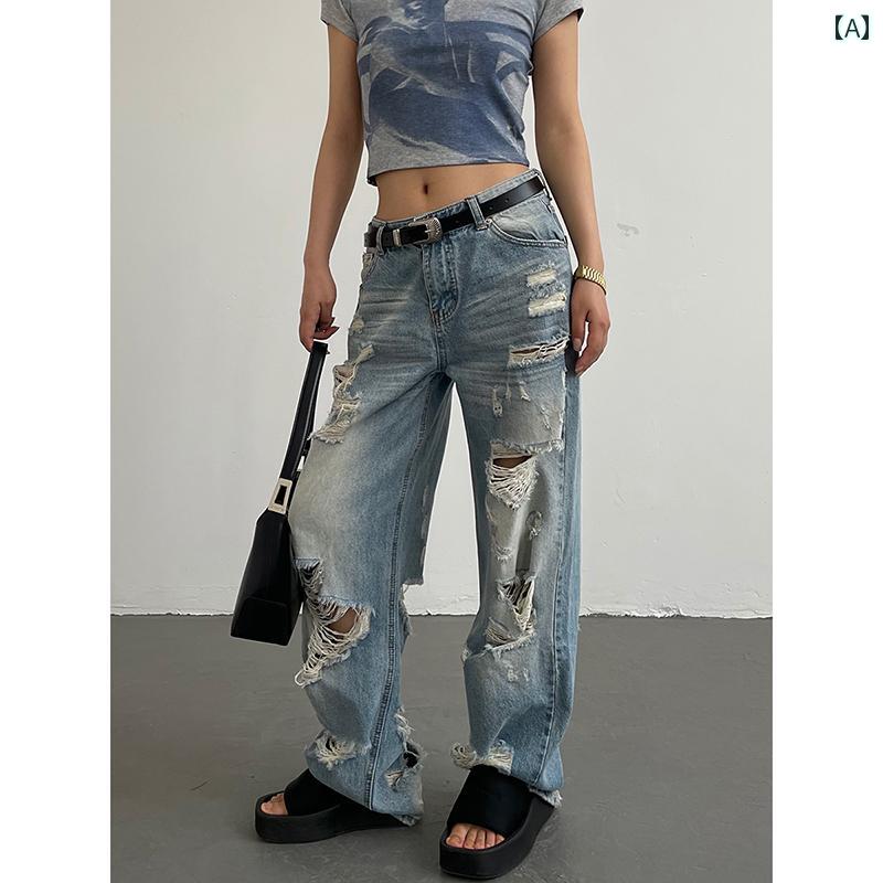 デニムパンツ レディース ダメージ ジーンズ クラッシュ ボトムス レトロ ストリート カジュアル ストレート ブルー