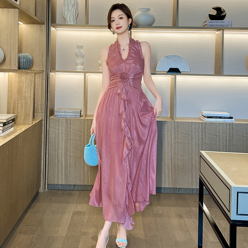 【JY.上品】 2024夏新品 リゾート ホルダーネック フリル 旅行 ロングワンピース ドレス パーティー キャバ 大人 同窓会 披露宴 卒業式 結婚式 演奏会 ウェディング 二次会 メガ割