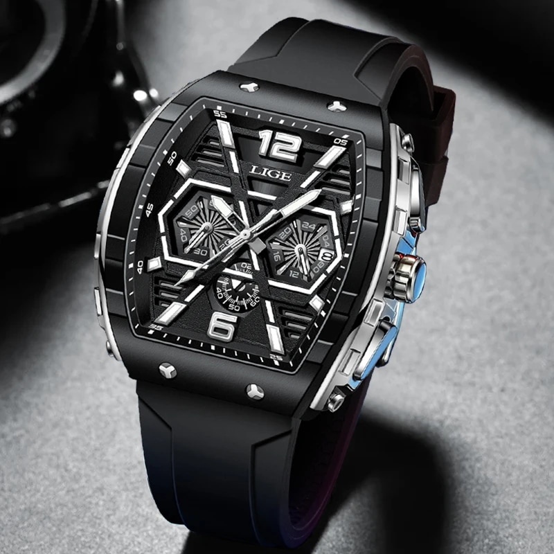 Lige-メンズ防水クォーツミリタリーウォッチシリコンスクエアクロノグラフ高級ファッション時計トップブランド