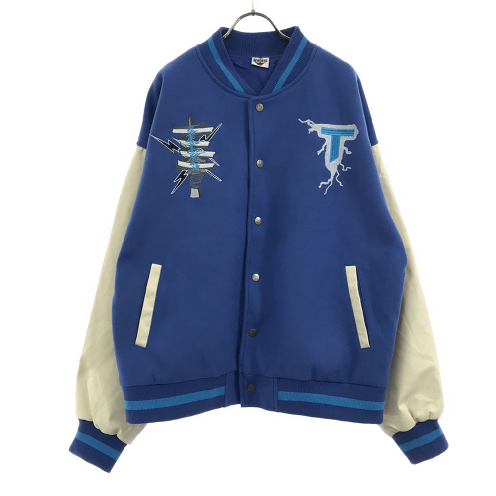 ロゴ刺繍 スタジャン L ブルー系×ホワイト PUレザー バック刺繍 裏地付き 配色切り替え メンズ