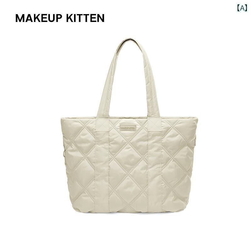トートバッグ レディース 大容量 秋冬 キルティング おしゃれ シンプル カジュアル 普段使い ジッパー アイボリー カーキ 黒 内ポケット ナイロン